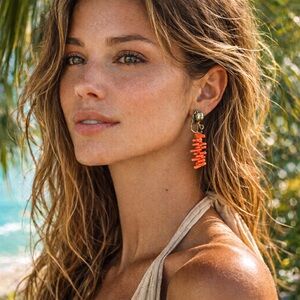 Simulated Coral Dangle Clip Earrings MidCentury Design Goldtone